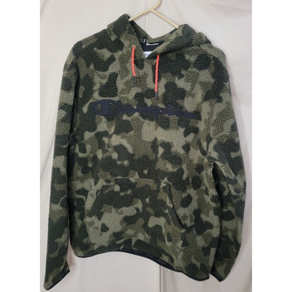 Champion Men's Medium Camouflage Hoodie Sherpa Fleece Sweatshirt Chest Spellout